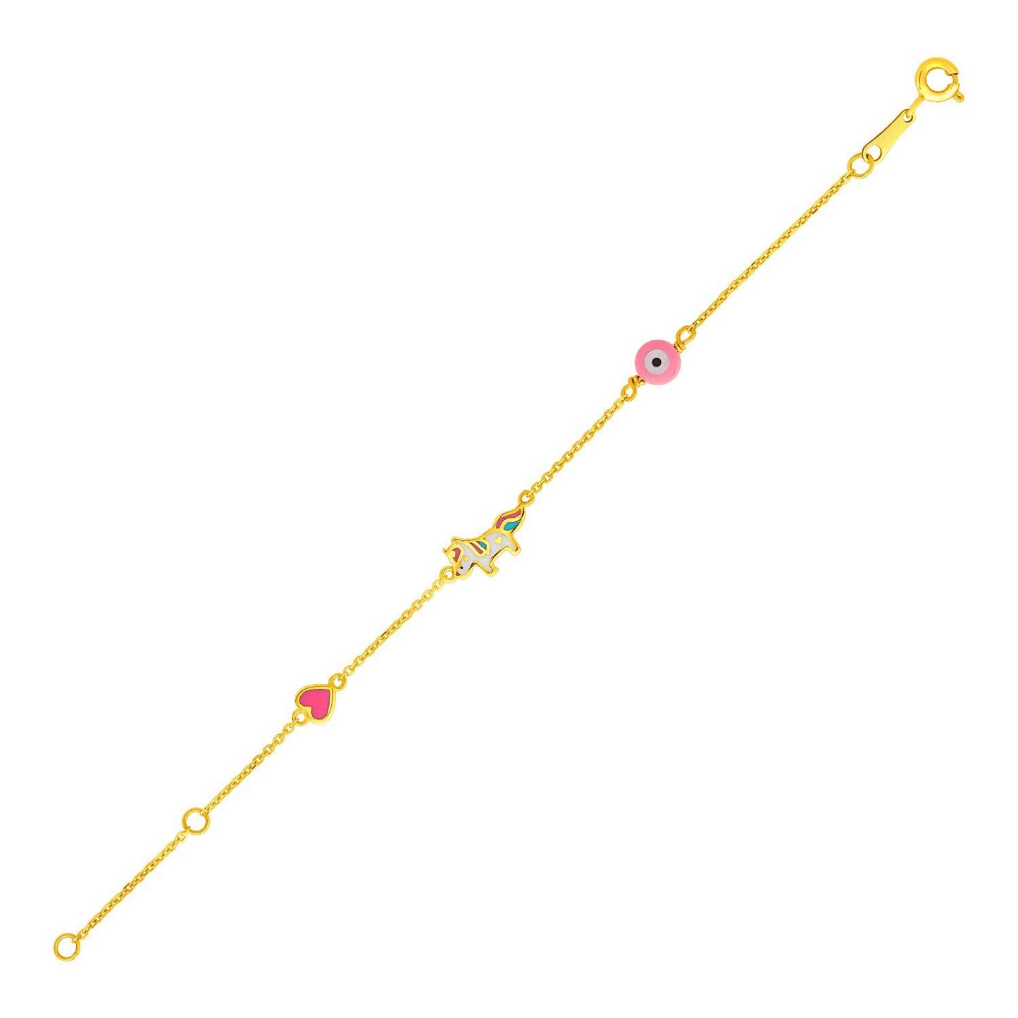Pulsera para niña de oro amarillo de 14k de 5 1/2 pulgadas con unicornio de corazón esmaltado y círculo