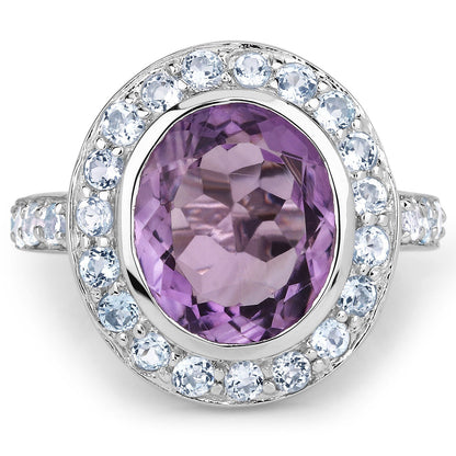 Anillo de Plata de Ley .925 con Amatista Genuina y Topacio Azul de 4.77 Quilates