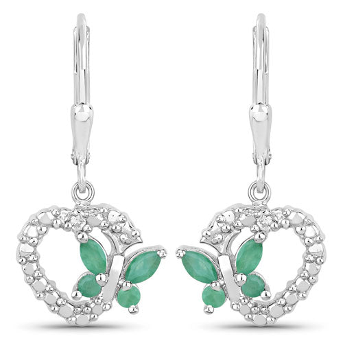 Pendientes de Plata de Ley .925 con Esmeralda Genuina de 0.44 Quilates y Zafiros Blancos Creados