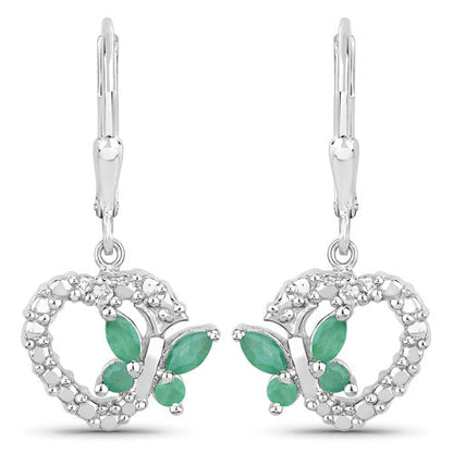 Pendientes de Plata de Ley .925 con Esmeralda Genuina de 0.44 Quilates y Zafiros Blancos Creados