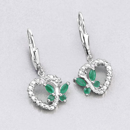 Pendientes de Plata de Ley .925 con Esmeralda Genuina de 0.44 Quilates y Zafiros Blancos Creados