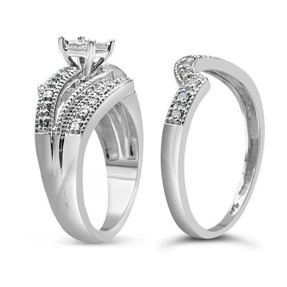 Conjunto de anillo de compromiso y boda de plata de ley .925 con diseño entrecruzado de diamante redondo de 1/3 Cttw (color H-I, claridad I1-I2) - Talla 7