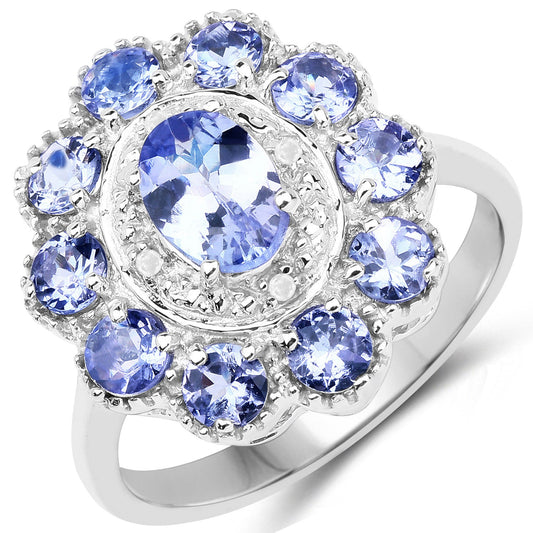 Anillo de plata de ley .925 con tanzanita genuina de 1,77 quilates y topacio blanco