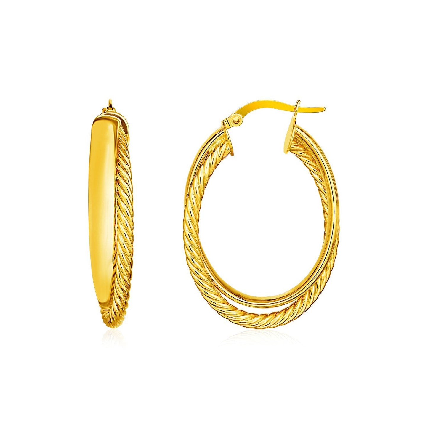 Pendientes de aro ovalados retorcidos con textura de dos partes en oro amarillo de 14 quilates