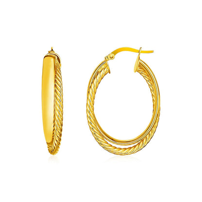 Pendientes de aro ovalados retorcidos con textura de dos partes en oro amarillo de 14 quilates