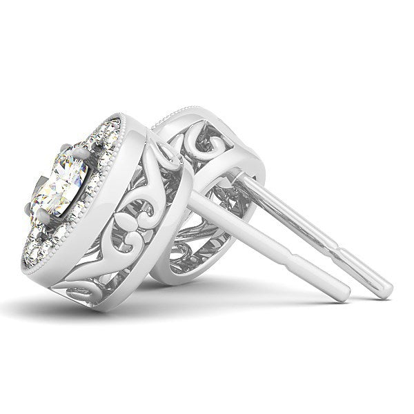 Pendientes de halo con borde milgrain de oro blanco de 14k con diamantes redondos (3/4 quilates en total)