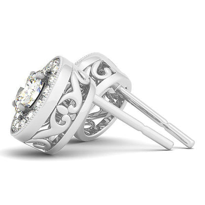 Pendientes de halo con borde milgrain de oro blanco de 14k con diamantes redondos (3/4 quilates en total)