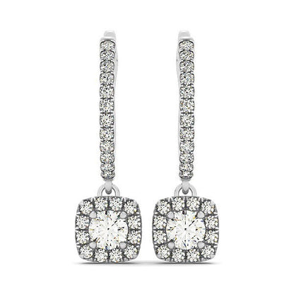 Pendientes colgantes de diamantes de talla cojín con halo en oro blanco de 14k (1/2 cttw)