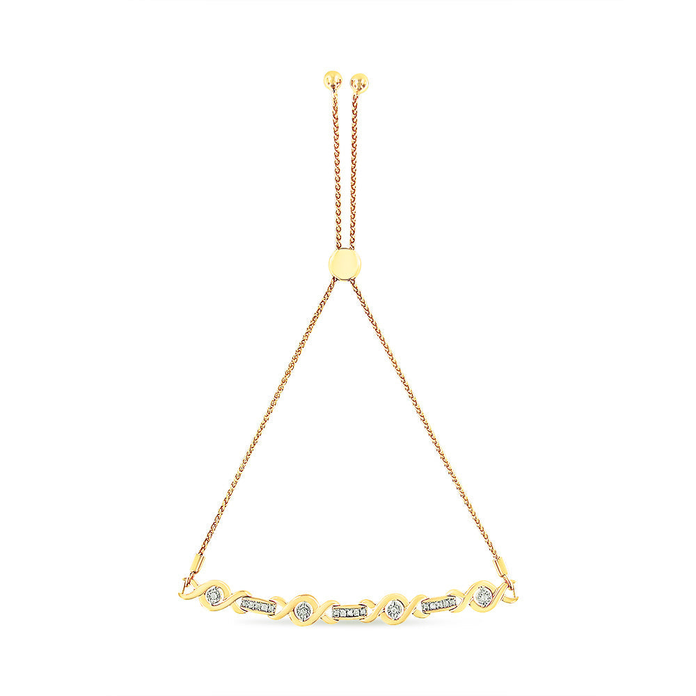 Pulsera Bolo Ajustable de 4 a 10 Pulgadas con Acentos de Diamante Engastados en Canal de Plata de Ley .925 Chapada en Oro Amarillo de 14K (Color I-J, Claridad I3)