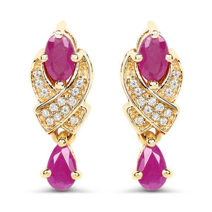 Pendientes de oro amarillo de 14 quilates con rubí genuino de 1,12 quilates y diamantes blancos