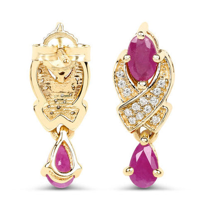 Pendientes de oro amarillo de 14 quilates con rubí genuino de 1,12 quilates y diamantes blancos