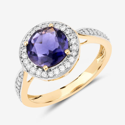 Anillo de oro amarillo de 14K con iolita genuina de 1,79 quilates y diamantes blancos