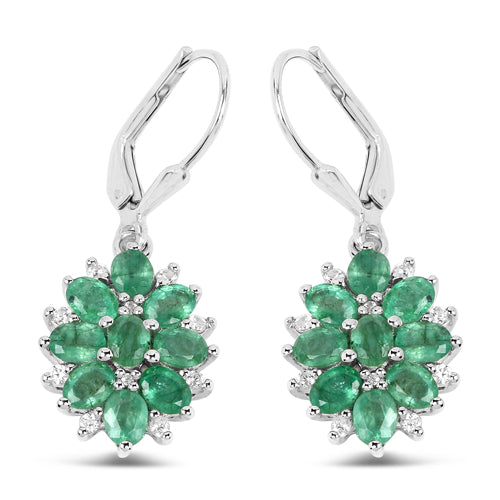 Pendientes de Plata de Ley .925 con Esmeralda Zambiana Genuina de 3,04 Quilates y Circones Blancos