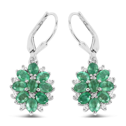 Pendientes de Plata de Ley .925 con Esmeralda Zambiana Genuina de 3,04 Quilates y Circones Blancos