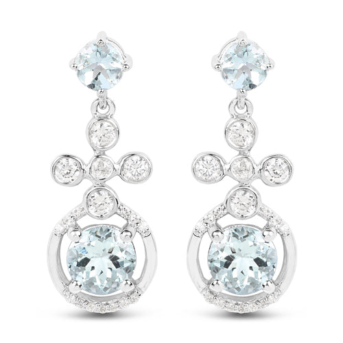 Pendientes de Plata de Ley .925 con Aguamarina Genuina de 4.42 Quilates y Zircón Blanco
