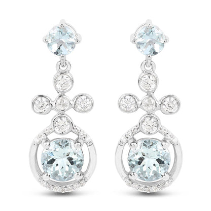 Pendientes de Plata de Ley .925 con Aguamarina Genuina de 4.42 Quilates y Zircón Blanco