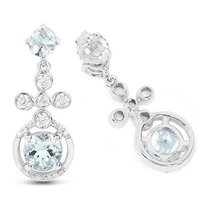 Pendientes de Plata de Ley .925 con Aguamarina Genuina de 4.42 Quilates y Zircón Blanco