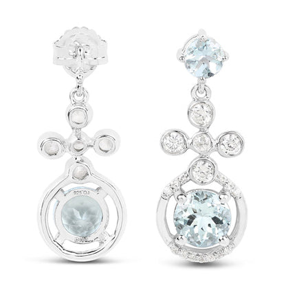 Pendientes de Plata de Ley .925 con Aguamarina Genuina de 4.42 Quilates y Zircón Blanco