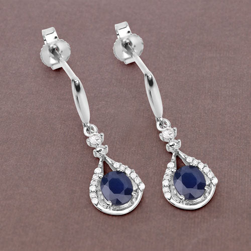 Pendientes de oro blanco de 14 quilates con zafiro azul auténtico de 0,86 quilates y diamantes blancos