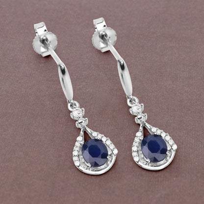 Pendientes de oro blanco de 14 quilates con zafiro azul auténtico de 0,86 quilates y diamantes blancos
