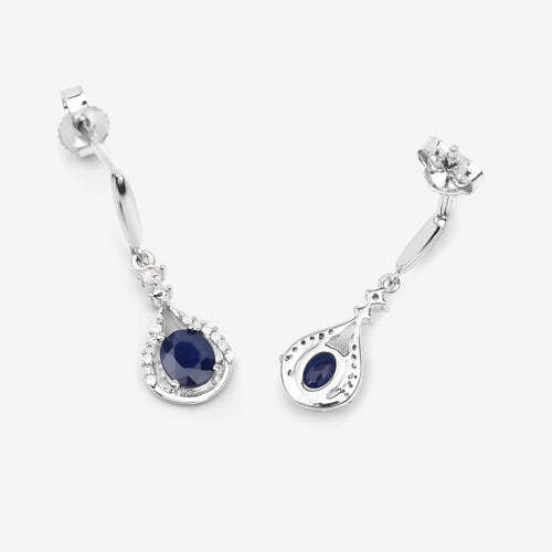 Pendientes de oro blanco de 14 quilates con zafiro azul auténtico de 0,86 quilates y diamantes blancos