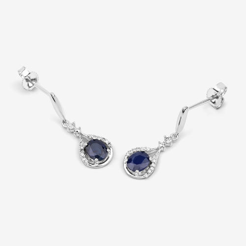 Pendientes de oro blanco de 14 quilates con zafiro azul auténtico de 0,86 quilates y diamantes blancos