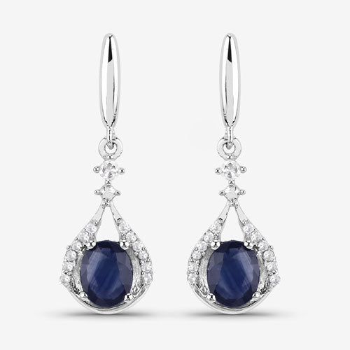 Pendientes de oro blanco de 14 quilates con zafiro azul auténtico de 0,86 quilates y diamantes blancos