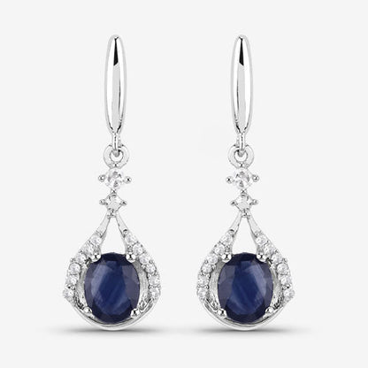 Pendientes de oro blanco de 14 quilates con zafiro azul auténtico de 0,86 quilates y diamantes blancos