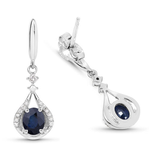 Pendientes de oro blanco de 14 quilates con zafiro azul auténtico de 0,86 quilates y diamantes blancos