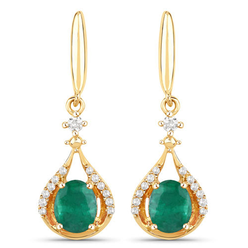Pendientes de oro amarillo de 14 quilates con esmeralda zambiana auténtica de 0,70 quilates y diamantes blancos