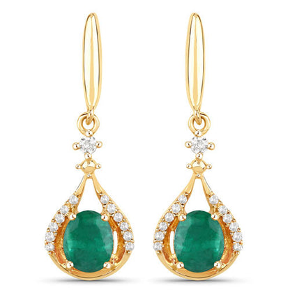 Pendientes de oro amarillo de 14 quilates con esmeralda zambiana auténtica de 0,70 quilates y diamantes blancos