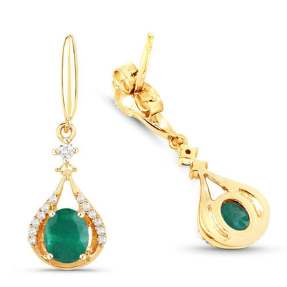 Pendientes de oro amarillo de 14 quilates con esmeralda zambiana auténtica de 0,70 quilates y diamantes blancos