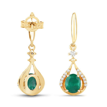 Pendientes de oro amarillo de 14 quilates con esmeralda zambiana auténtica de 0,70 quilates y diamantes blancos