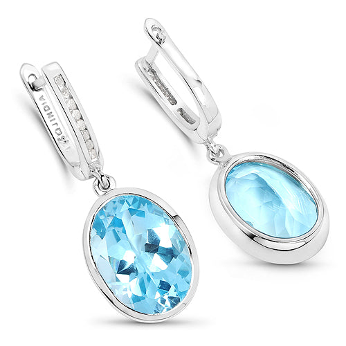 Pendientes de plata de ley .925 con topacio azul genuino de 15,13 quilates y diamantes blancos