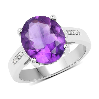 Anillo de Plata Fina .925 con Amatista Genuina y Topacio Blanco de 3.84 Quilates