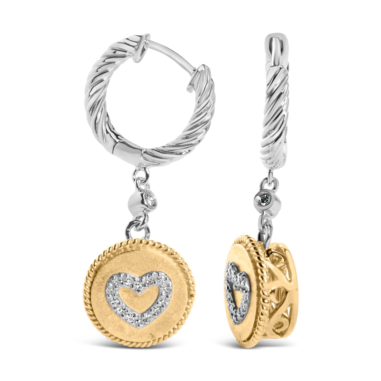 Pendientes colgantes y pendientes colgantes de corazón de medallón de diamante de 1/8 Cttw de plata de ley 925 chapados en oro amarillo de 18 quilates (Color I-J, Claridad SI1-SI2)