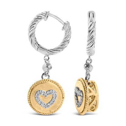 Pendientes colgantes y pendientes colgantes de corazón de medallón de diamante de 1/8 Cttw de plata de ley 925 chapados en oro amarillo de 18 quilates (Color I-J, Claridad SI1-SI2)