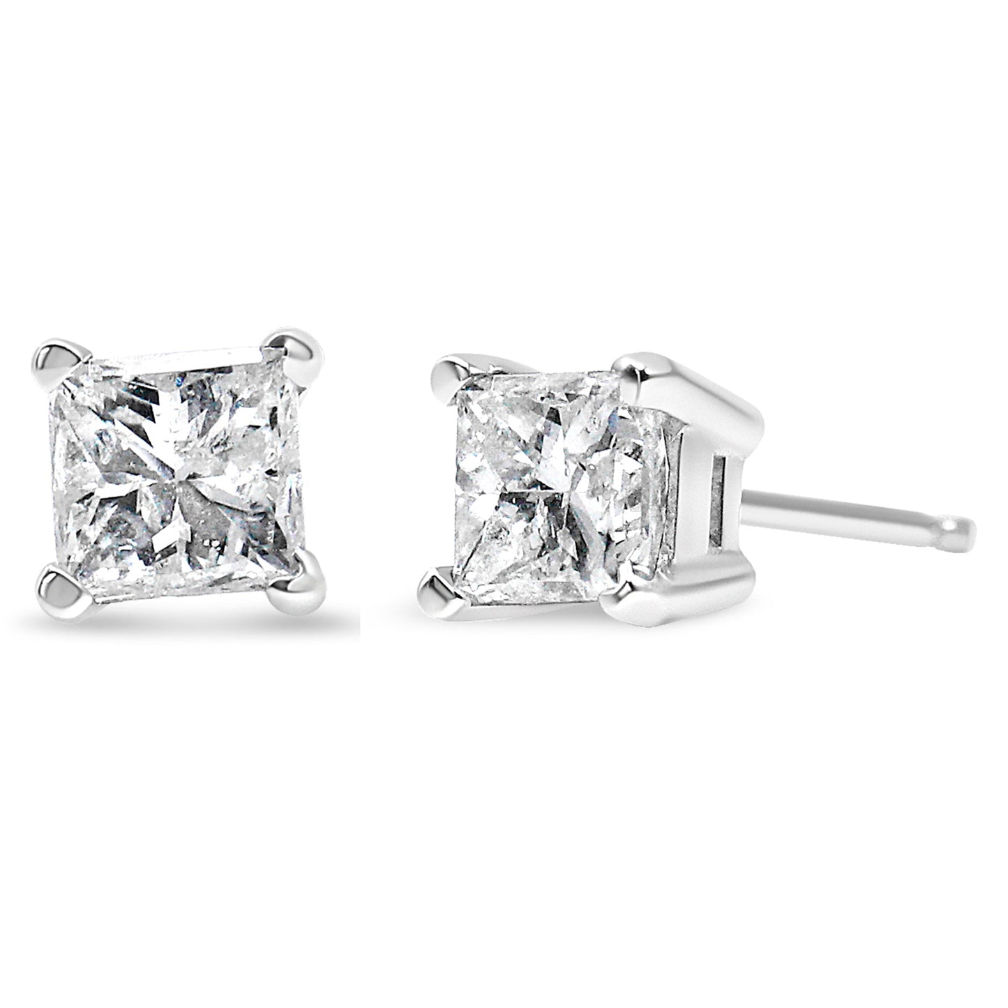 Aretes de oro blanco de 14K con diamante de talla princesa de 2/5 Cttw, montura de 4 puntas y solitario, certificados por AGS (color L-M, claridad I1-I2)