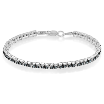 Pulsera de tenis de doble eslabón de 7" con diamantes talla rosa de 1,0 Cttw en plata de ley .925 con rodio negro (color azul, claridad I1-I2)