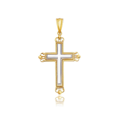 Colgante de cruz de oro bicolor de 14k con un estilo ornamentado de brotes