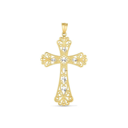 Colgante de cruz de oro de dos tonos de 14k con acabado pulido brillante y corte de diamante