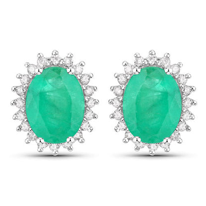 Pendientes de oro blanco de 10K con esmeralda zambiana auténtica de 2,66 quilates y diamantes blancos