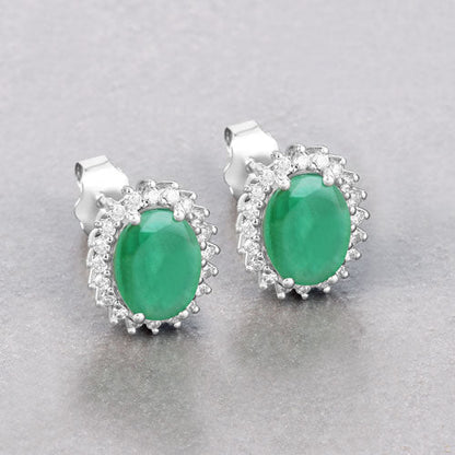 Pendientes de oro blanco de 10K con esmeralda zambiana auténtica de 2,66 quilates y diamantes blancos