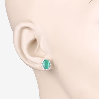 Pendientes de oro blanco de 10K con esmeralda zambiana auténtica de 2,66 quilates y diamantes blancos
