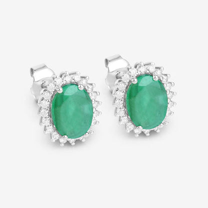 Pendientes de oro blanco de 10K con esmeralda zambiana auténtica de 2,66 quilates y diamantes blancos