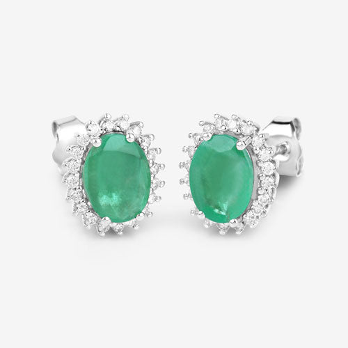Pendientes de oro blanco de 10K con esmeralda zambiana auténtica de 2,66 quilates y diamantes blancos
