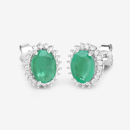 Pendientes de oro blanco de 10K con esmeralda zambiana auténtica de 2,66 quilates y diamantes blancos
