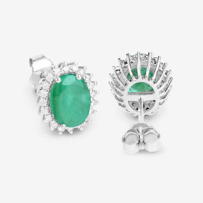 Pendientes de oro blanco de 10K con esmeralda zambiana auténtica de 2,66 quilates y diamantes blancos