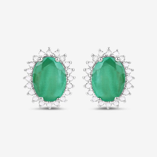 Pendientes de oro blanco de 10K con esmeralda zambiana auténtica de 2,66 quilates y diamantes blancos