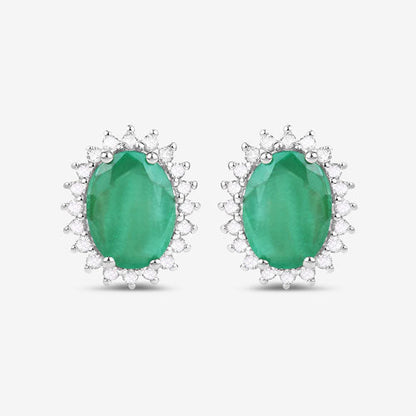 Pendientes de oro blanco de 10K con esmeralda zambiana auténtica de 2,66 quilates y diamantes blancos